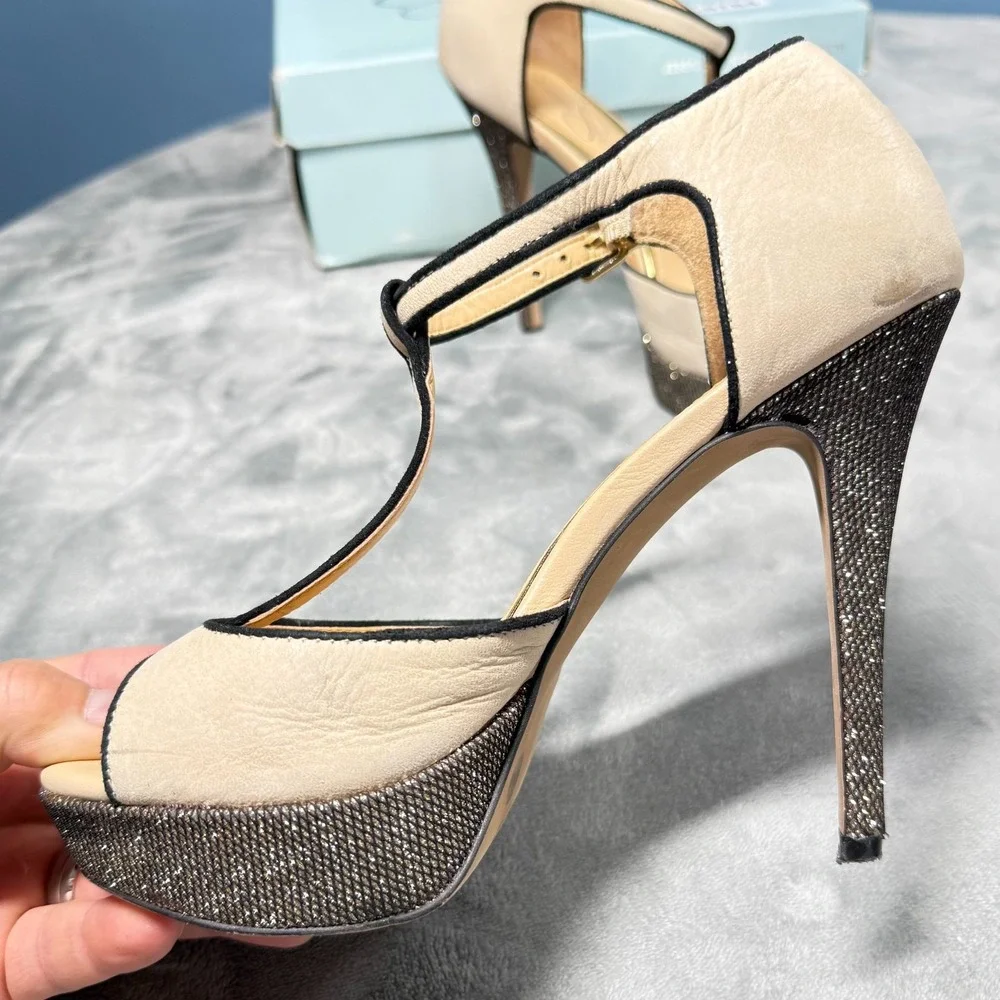 Jessica Simpson Bansi Heels Womens 6.5 Bone Platform T-Strap Sandals Glitter